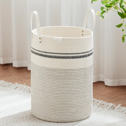 VIPOSCO 72L Tall Woven Rope Laundry Hamper, Leather Handles, White & Brown