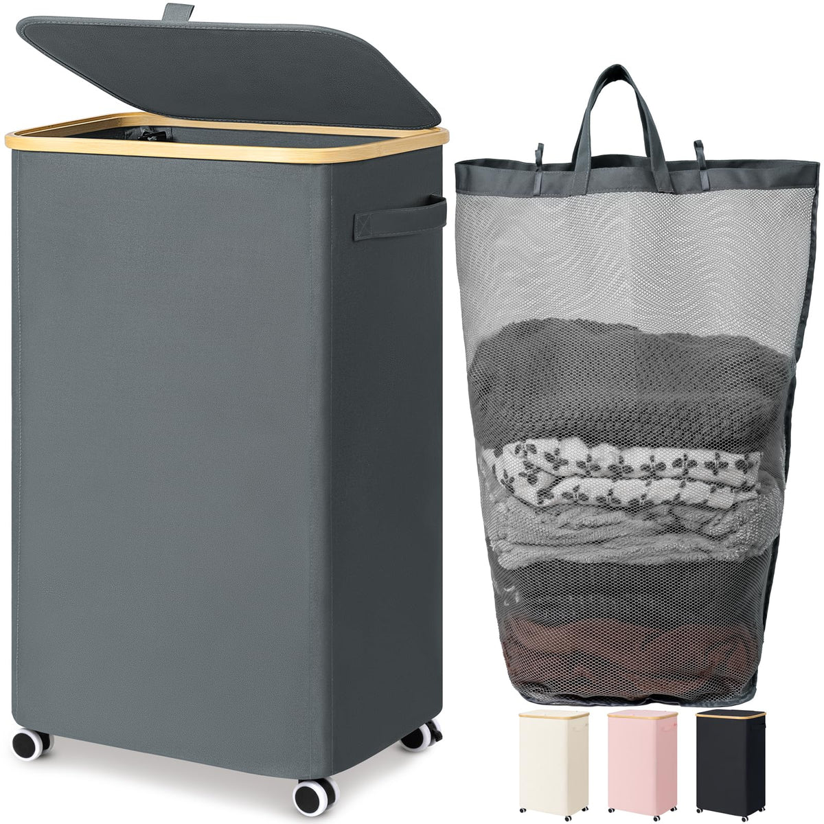 Goodpick 100L Large Rolling Laundry Basket with Wheels and Lid, Black