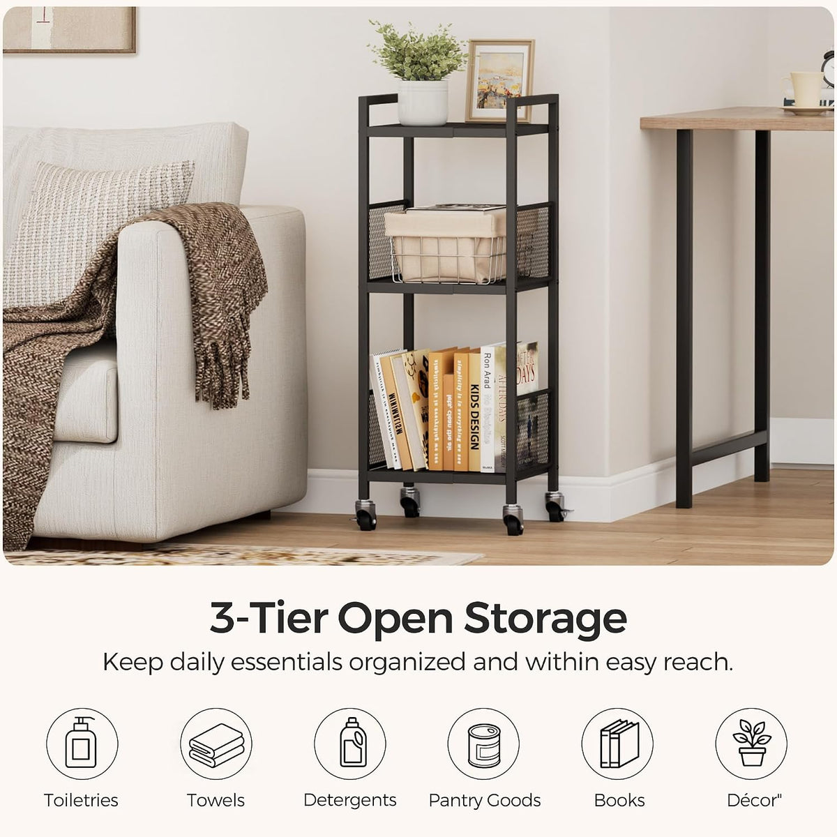 3-Tier Expandable Storage Shelving Unit,Slim Storage Cart,Metal