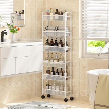 ThreeHio 6 Tier Slim Storage Cart, Narrow Cart with Wheels, Metal Mobile Shelving Unit Organizer for Bathroom, Kitchen, Laundry Room, Living Room & Narrow Spaces, White, 6in(W)