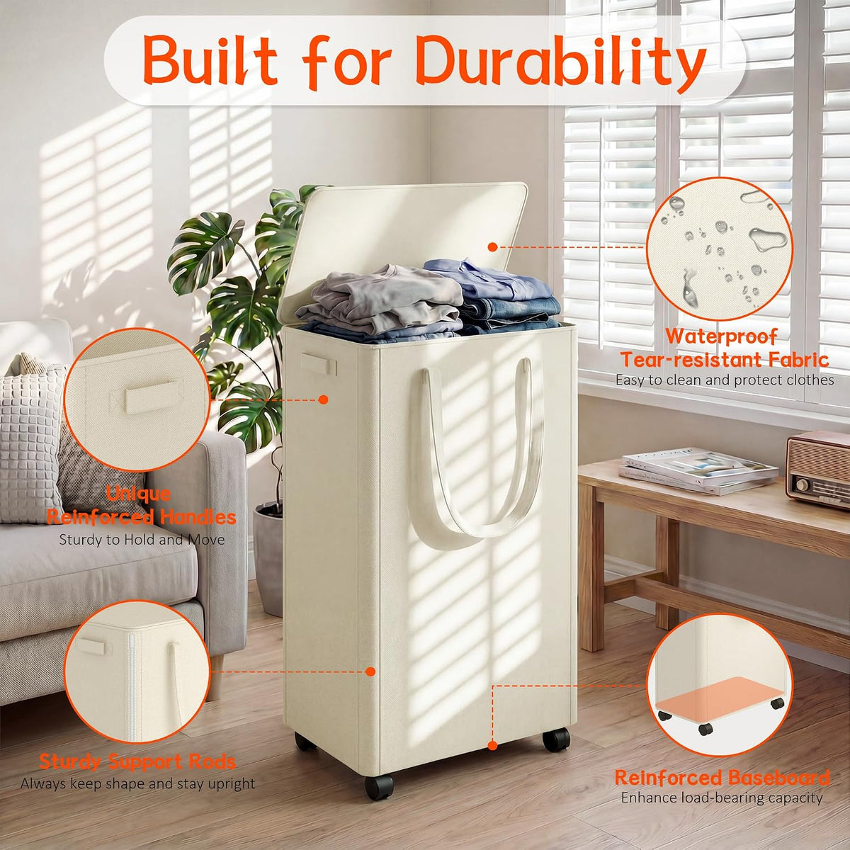 Slim Laundry Hamper with Wheels,20 Gal (75L) Rolling Laundry Basket with lid and wheels Clothes Hamper Foldable Tall Dirty Clothes Basket Sturdy Collapsible Clothes Hamper for Dorm,Laundry Room