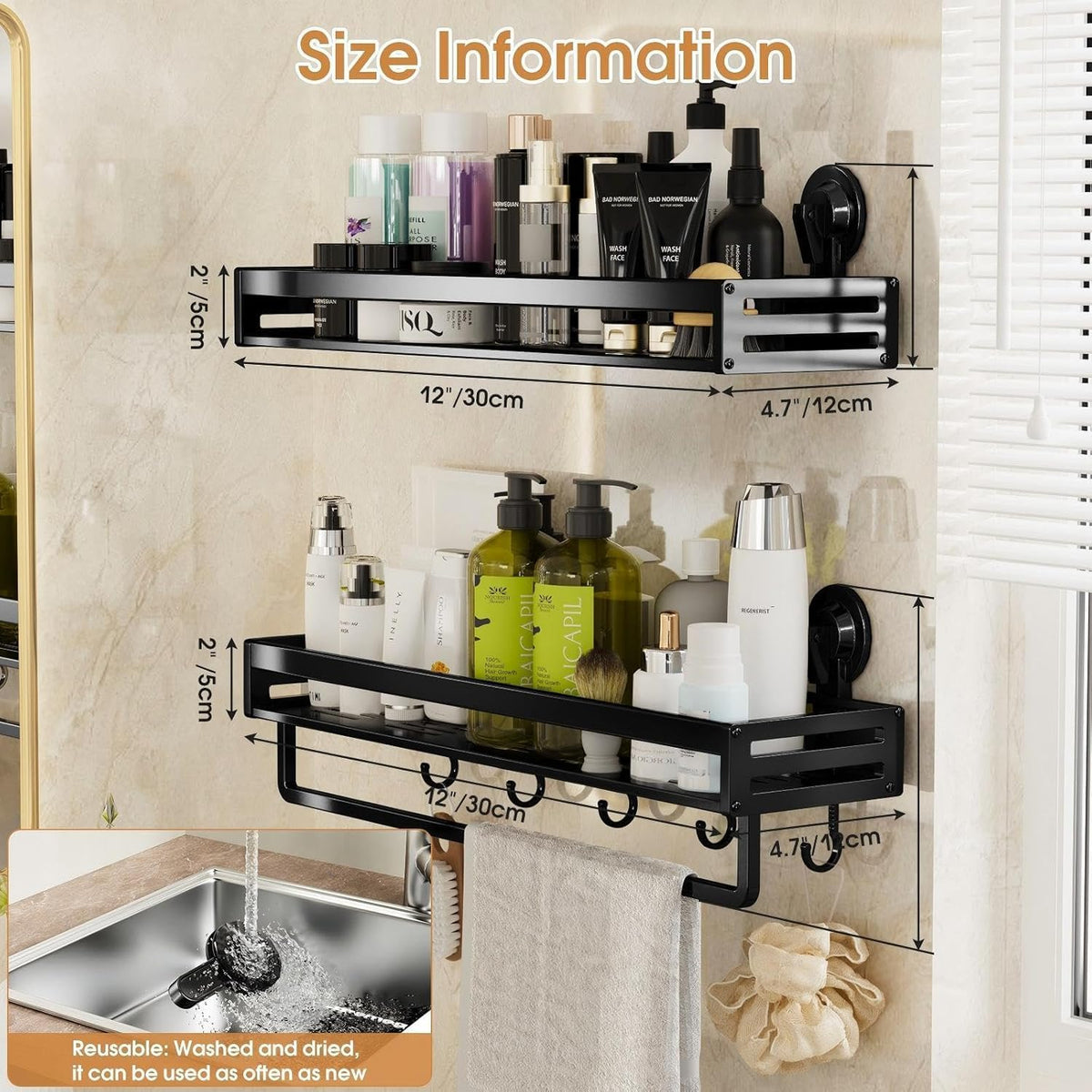 Suction Cup Shower Caddy with 5 Hooks & Towel Rrack 11.8inch Black