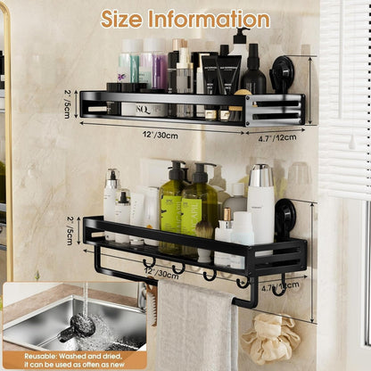 Suction Cup Shower Caddy with 5 Hooks & Towel Rrack 11.8inch Black