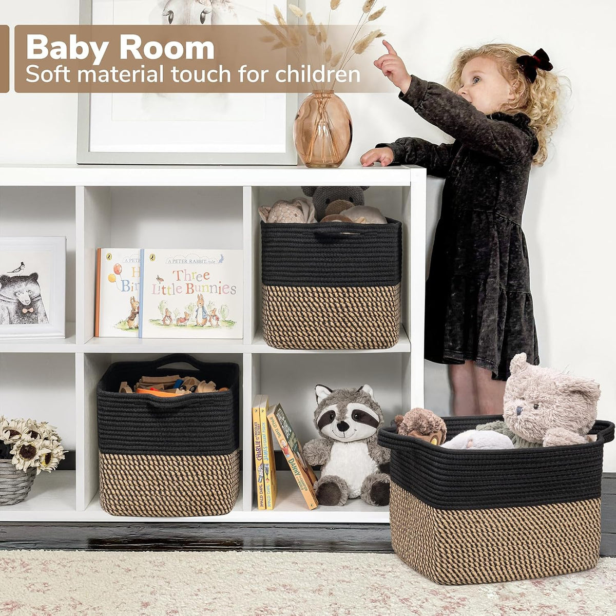 Goodpick Woven Storage Basket for Shelves, 13" x 10" x 9", Black Jute