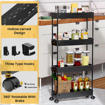 SPACEKEEPER Slim Rolling Storage Cart, 4 Tier Bathroom Cart Organizer,Black