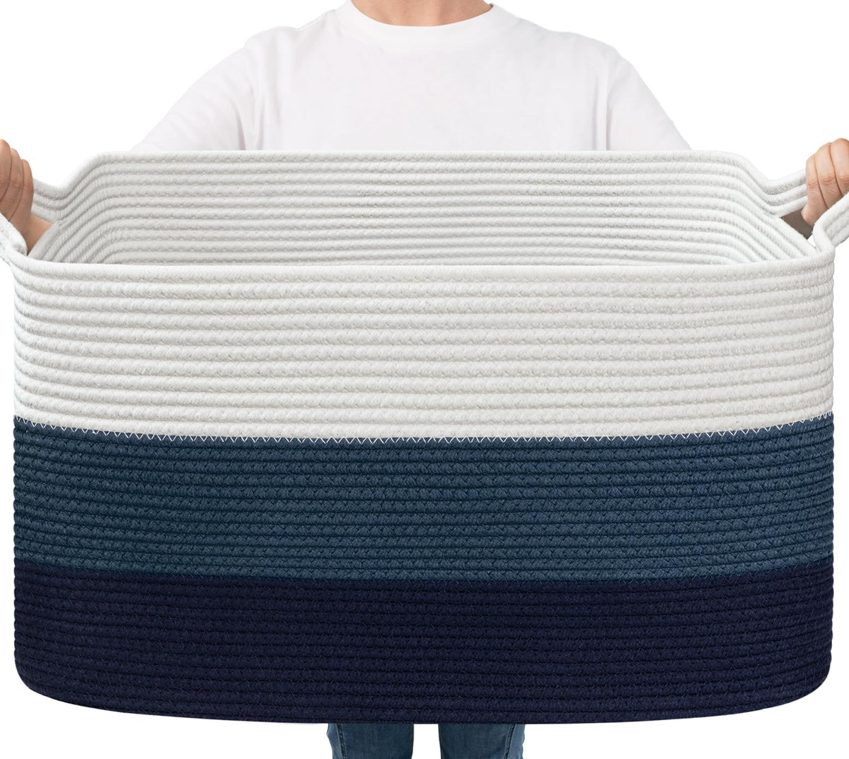 Goodpick Large Woven Rope Blanket Basket, Rectangle, Black, 75L