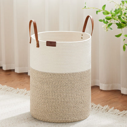VIPOSCO 72L Tall Woven Rope Laundry Hamper, Leather Handles, White & Brown