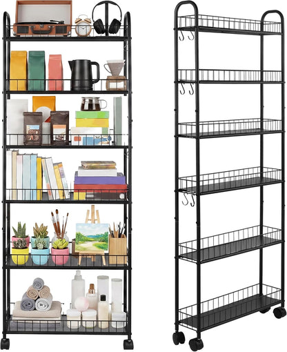 6-Tier Slim Rolling Storage Cart with Wheels, Tall Narrow Storage Shelves for Small Spaces, Metal Utility Cart Mobile Shelving Unit on Wheels for Kitchen, Bathroom, Office