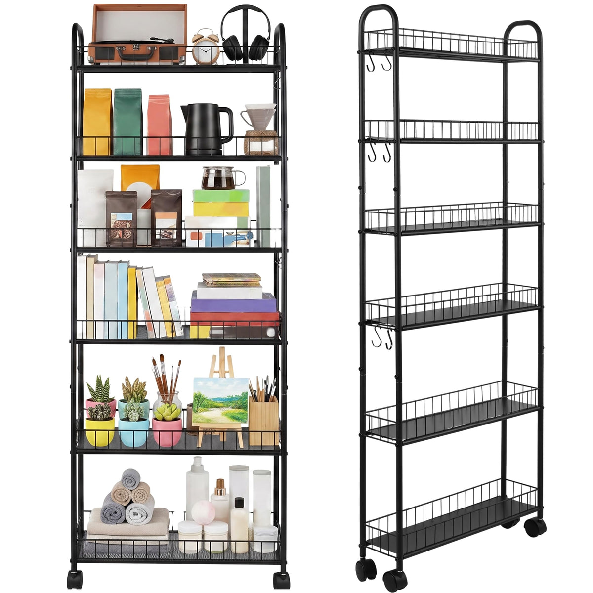 6-Tier Slim Rolling Storage Cart with Wheels, Tall Narrow Storage Shelves for Small Spaces, Metal Utility Cart Mobile Shelving Unit on Wheels for Kitchen, Bathroom, Office