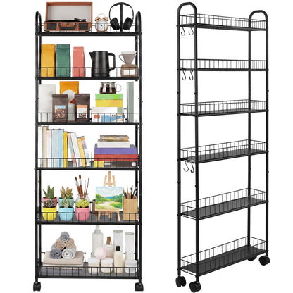 6-Tier Slim Rolling Storage Cart with Wheels, Tall Narrow Storage Shelves for Small Spaces, Metal Utility Cart Mobile Shelving Unit on Wheels for Kitchen, Bathroom, Office