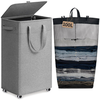Goodpick 75L Rolling Laundry Basket with Wheels and Lid, Grey