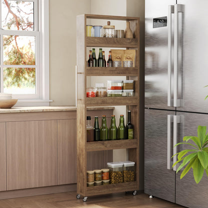 LITTLE TREE 63-Inch Slim Storage Cart on Wheels, 5-Tier Tall Narrow Mobile Shelf Organizer, Rolling Utility Cart with Metal Handle for Kitchen, Dining Room, Small Spaces, White