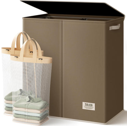 SOLEDI Luxury Double Laundry Hamper with Lid and Removable Bags, 38.3 Gal Large Laundry Bin, Laundry Basket 2 Sections, Collapsible Clothes Hamper for Bedroom, Laundry Room, Bathroom, Off-white