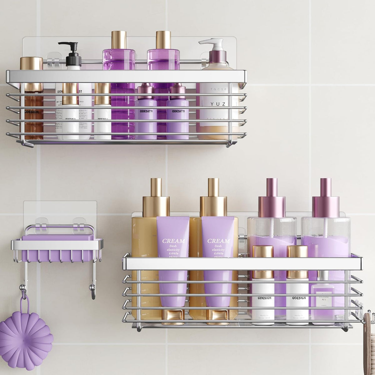 Shower Caddy Adhesive 3 Pack Stainless Steel Storage Organizers-Silver