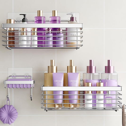 Shower Caddy Adhesive 3 Pack Stainless Steel Storage Organizers-Silver