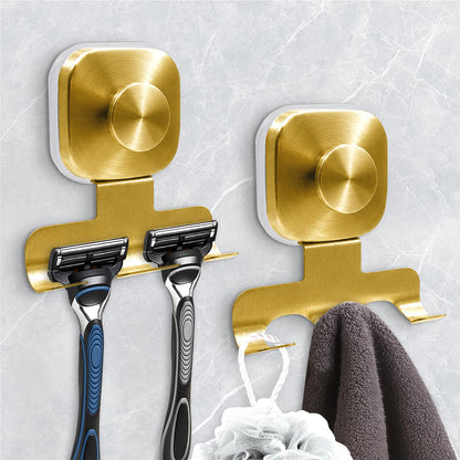 Suction Cup Razor Holder for Shower,Heavy-Duty 7KG Suction Hooks for Razor,Towel,Loofah,Removable Damage-Free Metal Shower Hook,Shaver Holder,2 Pack(Brushed Silver)