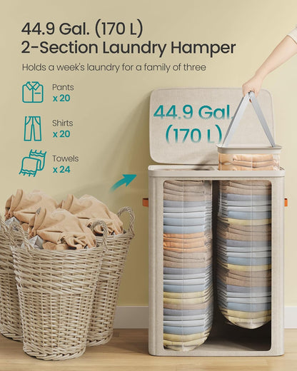 SONGMICS Laundry Basket, 170L Laundry Hamper with Lid, 2 Removable Bags
