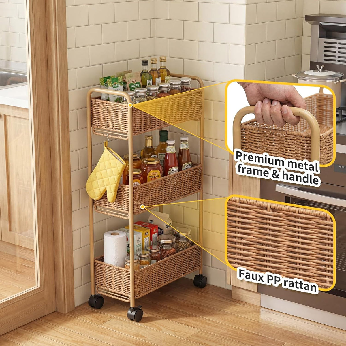 FOCHIER F Utility Slim Storage Cart,3-Tier Rolling Kitchen Office Laundry Room Cart,Mobile Shelving Unit Organizer for Living Room Bathroom Baby Diaper Narrow Places (Natural, 3 Tiers-7.1 inch (W))