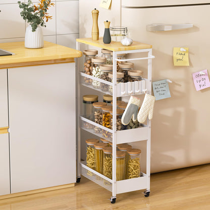 9.1" Wide Slim Rolling Utility Cart, 4 Tier Metal Narrow Storage Cart with Handle and Wood Top, Multifunctional Small Mobile Shelf Unit Organizer Trolley for Laundry, Bathroom, Kitchen
