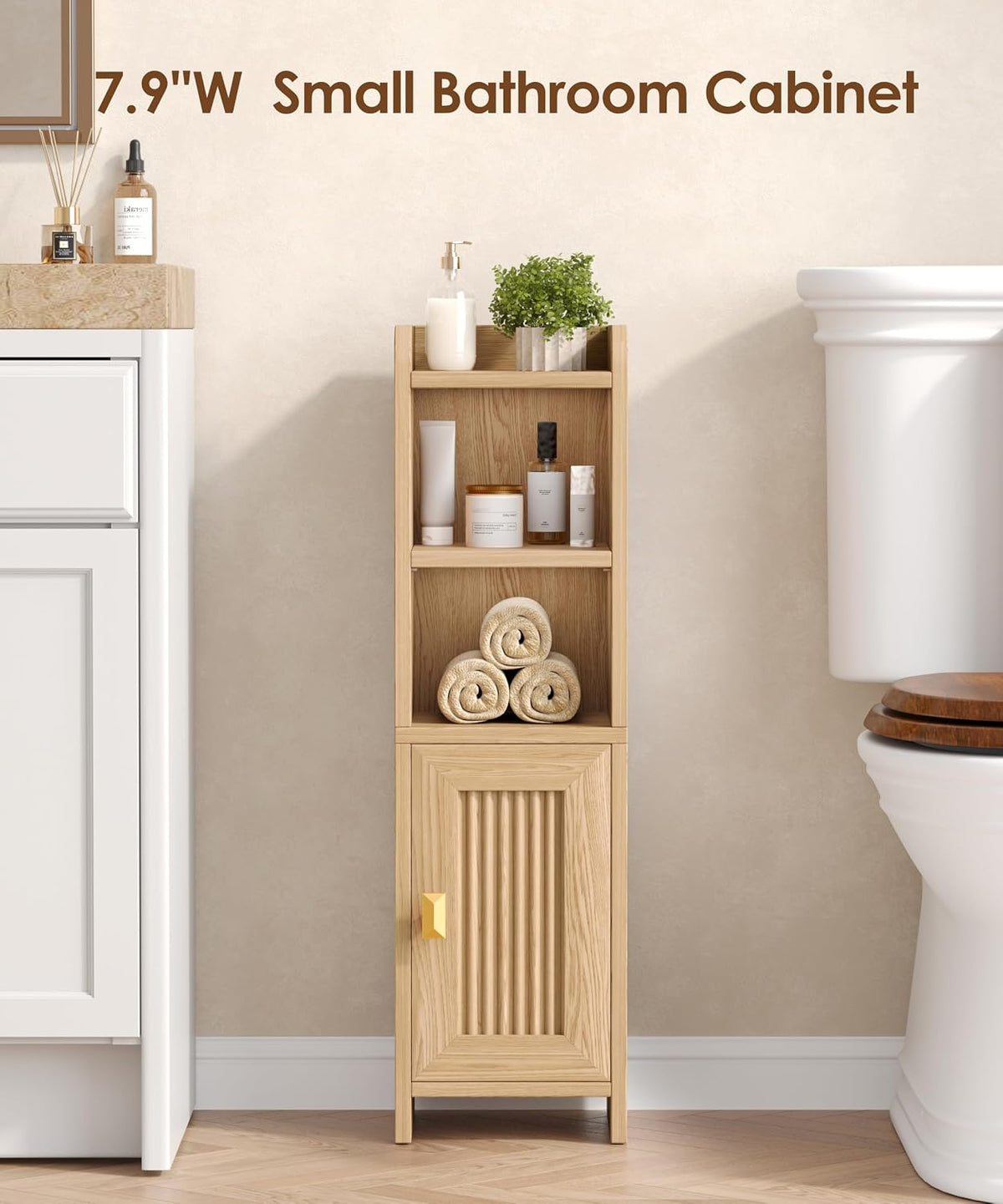 Akxomel Fluted Small Bathroom Storage Cabinet with 2 Open Shelves, Oak