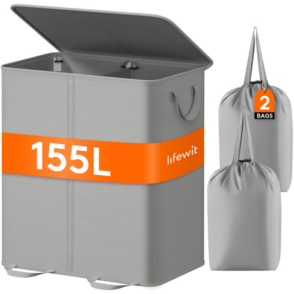 Lifewit Double Laundry Hamper with Lid, Removable Laundry Bags, Black