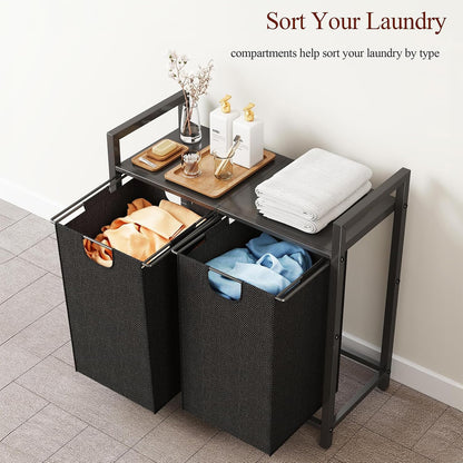 Kitstorack Laundry Basket Organizer, Laundry Hamper with Shelf & 2 Pull-Out Removable Bags, Dirty Clothes Hamper Organizer for Laundry Room Bathroom and Dorm, 2 x 11.8 gallons (44.5L)