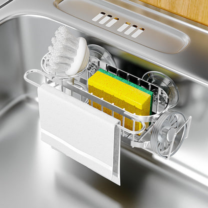 Cisily Kitchen Sponge Holder for Kitchen Sink with 2 Suction Cups/1 Adhesive Strips, Stainless Steel Kitchen Caddy Sink Organizer, Brush Holder, Dish Cloth Hanger, Sink Stopper Holder (Black)