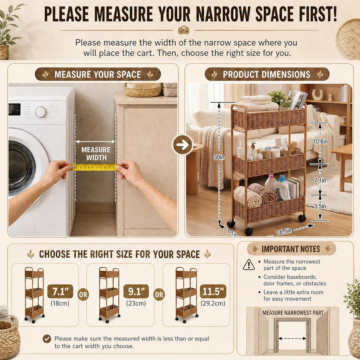 FOCHIER F Utility Slim Storage Cart,3-Tier Rolling Kitchen Office Laundry Room Cart,Mobile Shelving Unit Organizer for Living Room Bathroom Baby Diaper Narrow Places (Natural, 3 Tiers-7.1 inch (W))