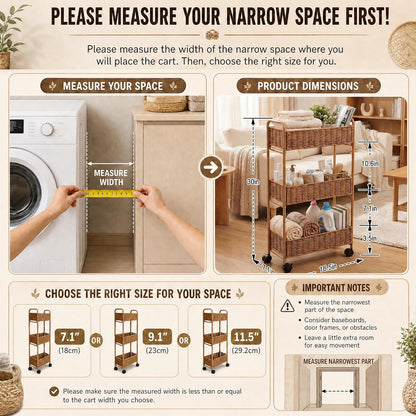 FOCHIER F Utility Slim Storage Cart,3-Tier Rolling Kitchen Office Laundry Room Cart,Mobile Shelving Unit Organizer for Living Room Bathroom Baby Diaper Narrow Places (Natural, 3 Tiers-7.1 inch (W))