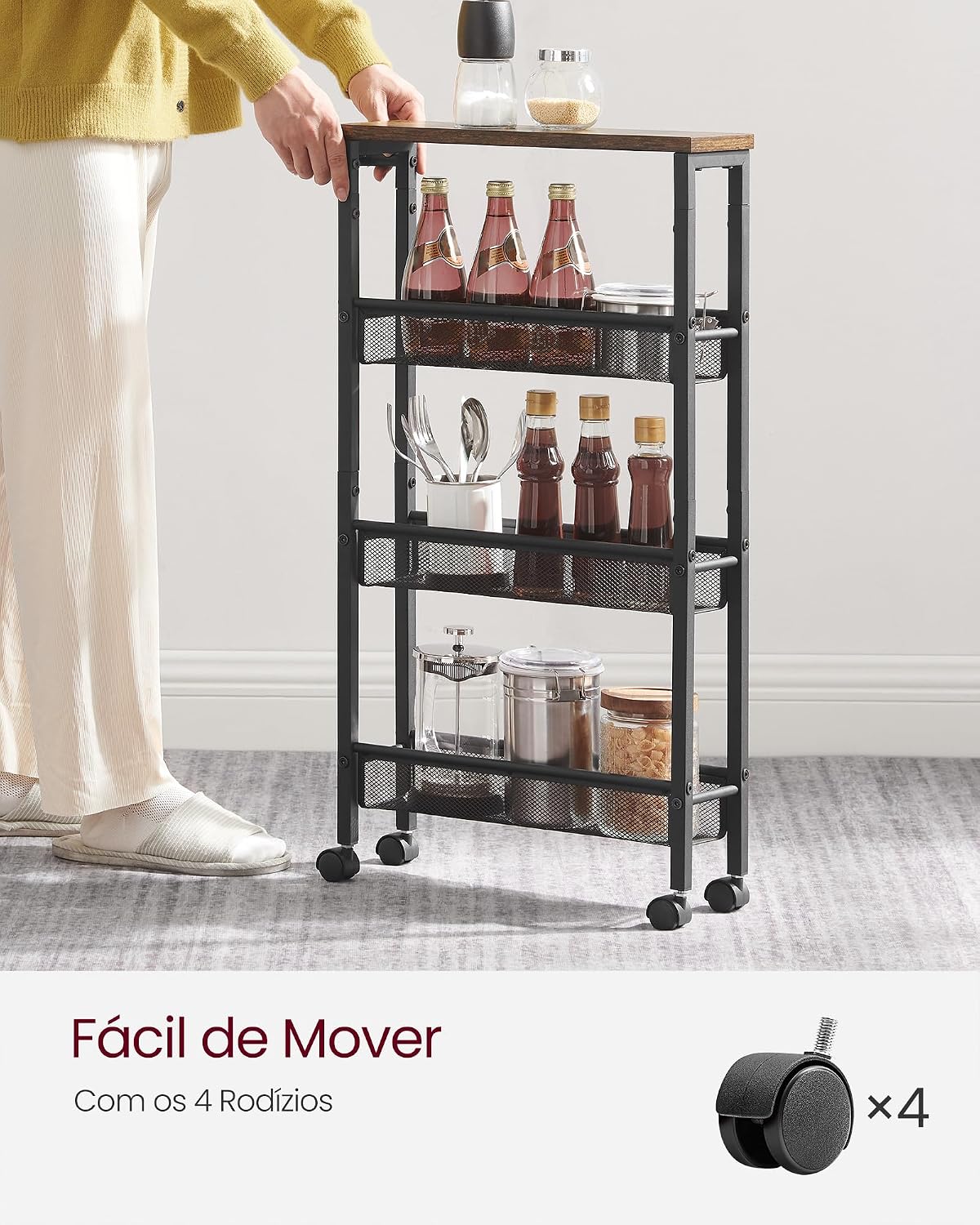 VASAGLE 4-Tier Slim Rolling Storage cart with Wheels, 5.1 Inches, Metal