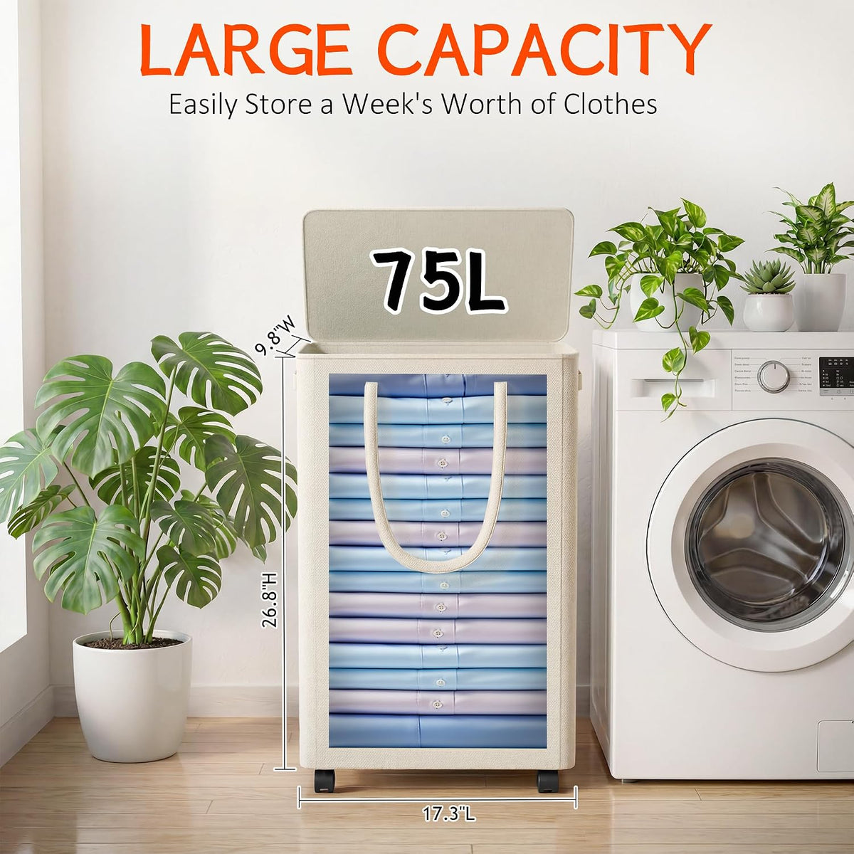 Slim Laundry Hamper with Wheels,20 Gal (75L) Rolling Laundry Basket with lid and wheels Clothes Hamper Foldable Tall Dirty Clothes Basket Sturdy Collapsible Clothes Hamper for Dorm,Laundry Room
