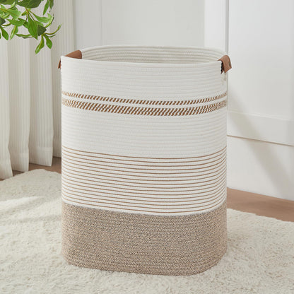 Large Laundry Hamper Basket, 85L Cotton Rope Woven Storage Bin for Blankets, Dirty Clothes Toys, Decorative Tall Basket with Leather Handles for Living Room, Bedroom, Bathroom, Nursery, Jute