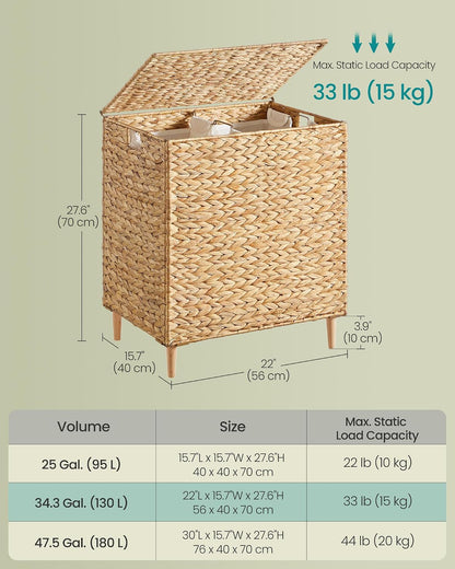 SONGMICS Laundry Hamper With Lid, 130 L Wicker Handwoven Water Hyacinth