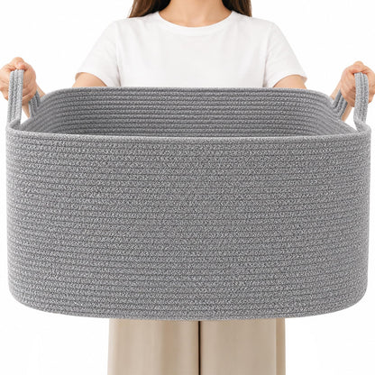 65L Laundry Basket with Handles, Woven Blanket Basket, White/Brown