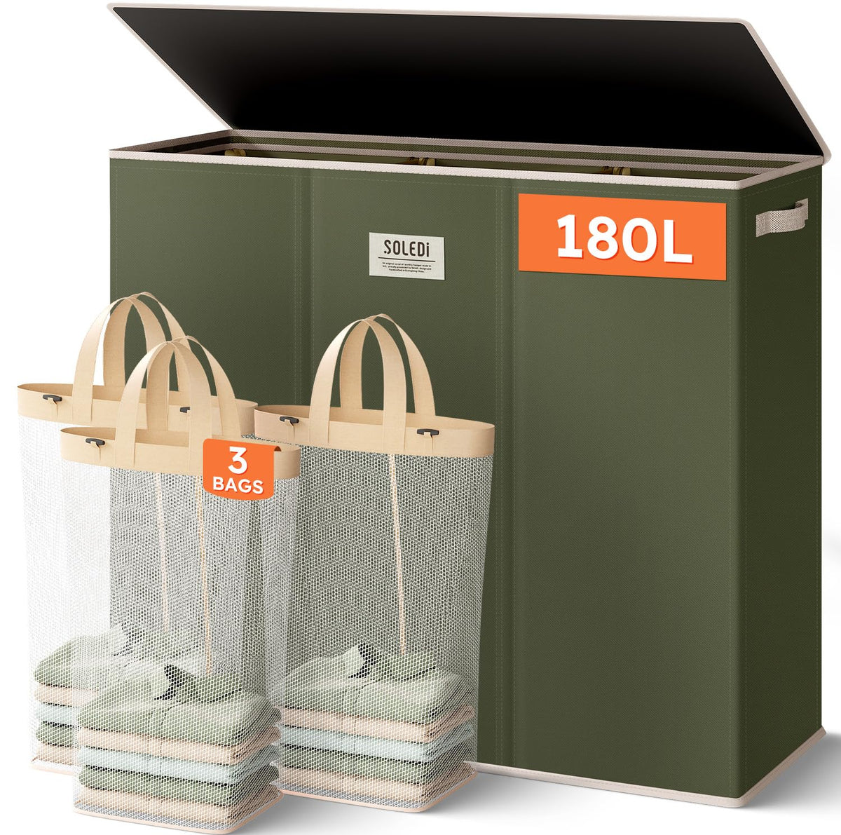 SOLEDI Large Laundry hamper 3 Section with Laundry Bag, XL Clothes Basket