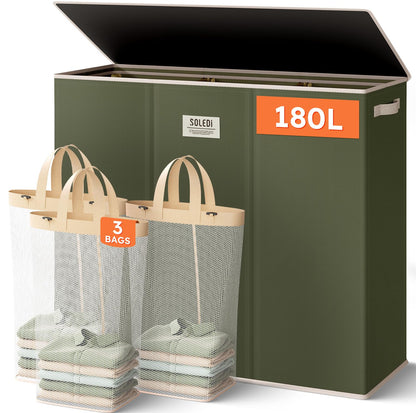 SOLEDI Large Laundry hamper 3 Section with Laundry Bag, XL Clothes Basket