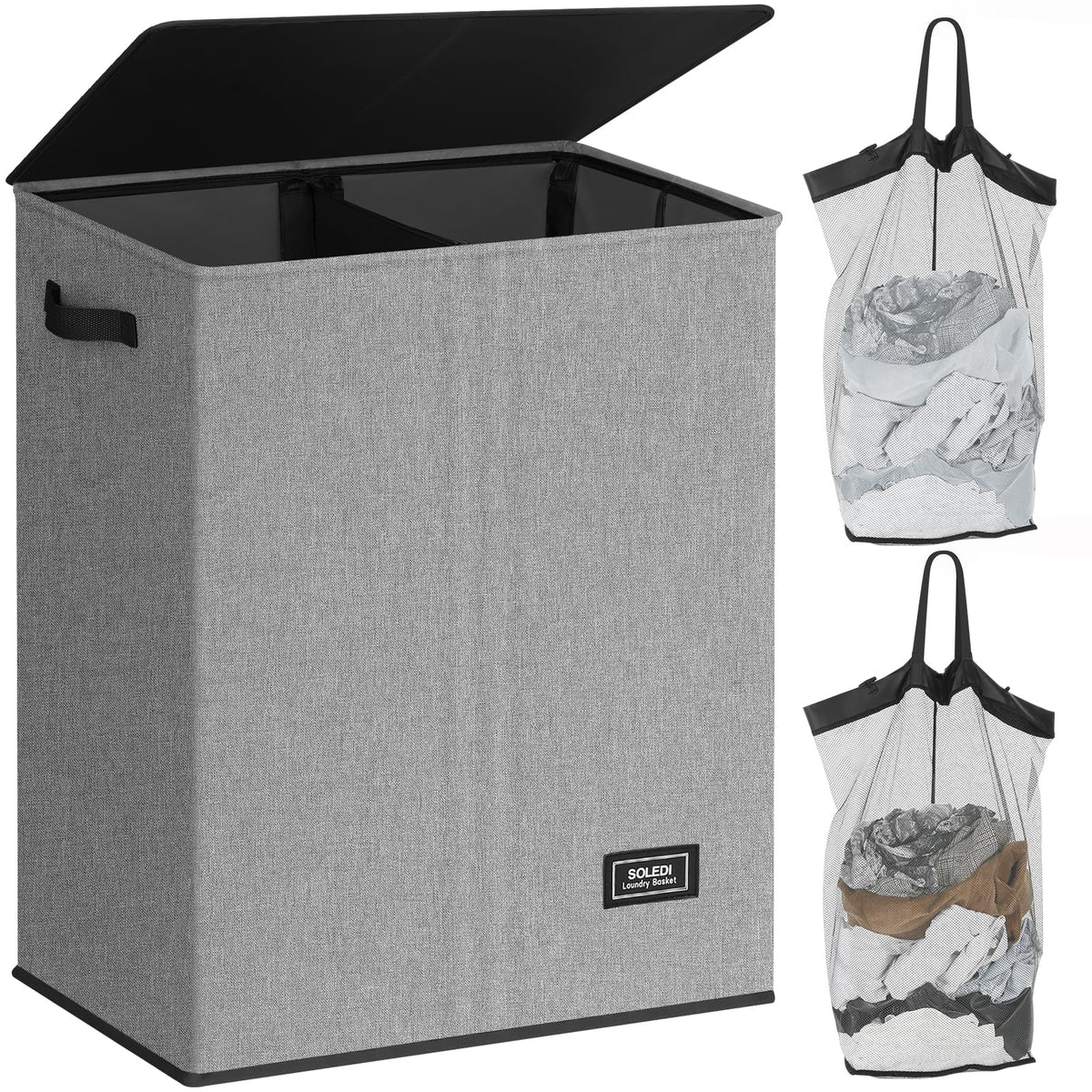 SOLEDI Luxury Double Laundry Hamper with Lid and Removable Bags, 38.3 Gal Large Laundry Bin, Laundry Basket 2 Sections, Collapsible Clothes Hamper for Bedroom, Laundry Room, Bathroom, Off-white