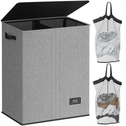 SOLEDI Luxury Double Laundry Hamper with Lid and Removable Bags, 38.3 Gal Large Laundry Bin, Laundry Basket 2 Sections, Collapsible Clothes Hamper for Bedroom, Laundry Room, Bathroom, Off-white