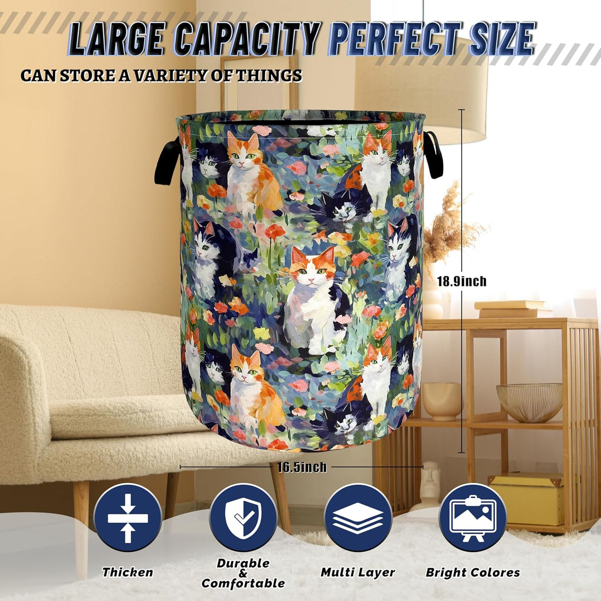 Watercolor Cats Laundry Hamper Oxford Cloth Basket 18.9"x16.5"