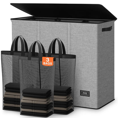 SOLEDI Large Laundry hamper 3 Section with Laundry Bag, XL Clothes Basket