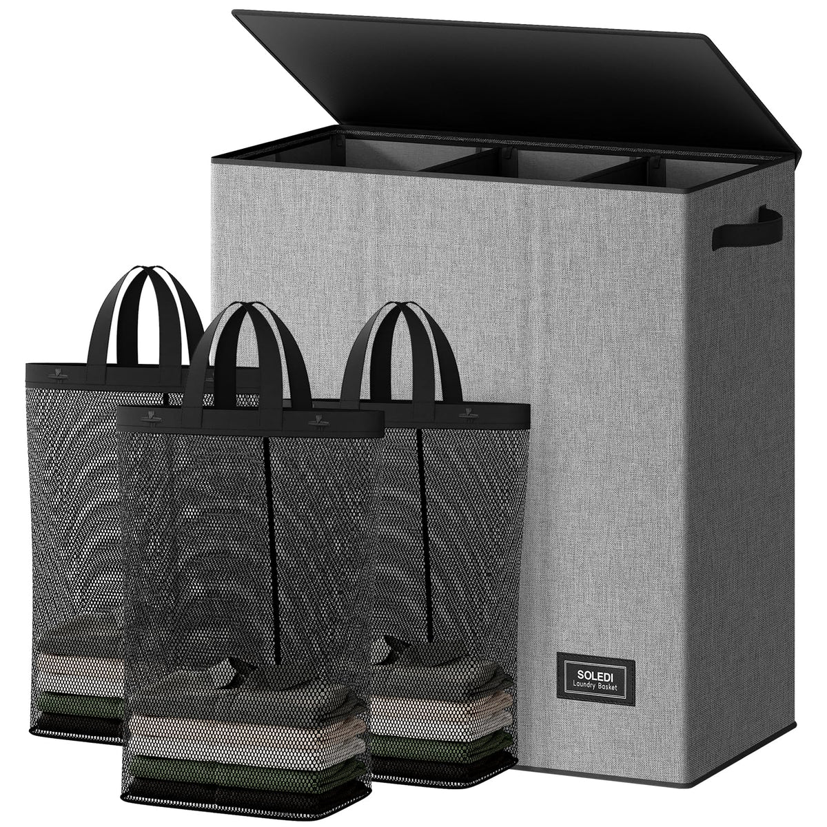 SOLEDI Large Laundry hamper 3 Section with Laundry Bag, XL Clothes Basket