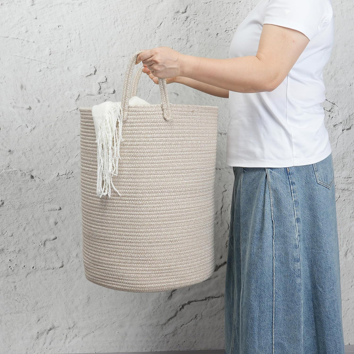Woven Cotton Rope Laundry Basket, 15" x 20" Laundry Hamper, Oatmeal
