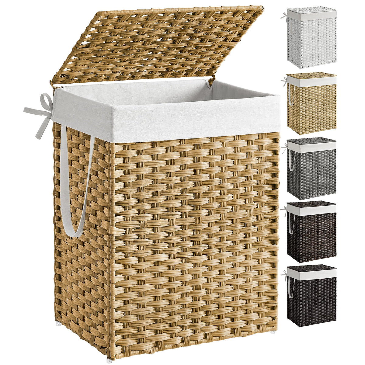 SONGMICS Laundry Hamper with Lid, 17.2 Gallon (65 L) Synthetic Rattan Clothes Laundry Basket with Lid and Handles, Foldable, Removable Liner, Goose Yellow ULCB165N01
