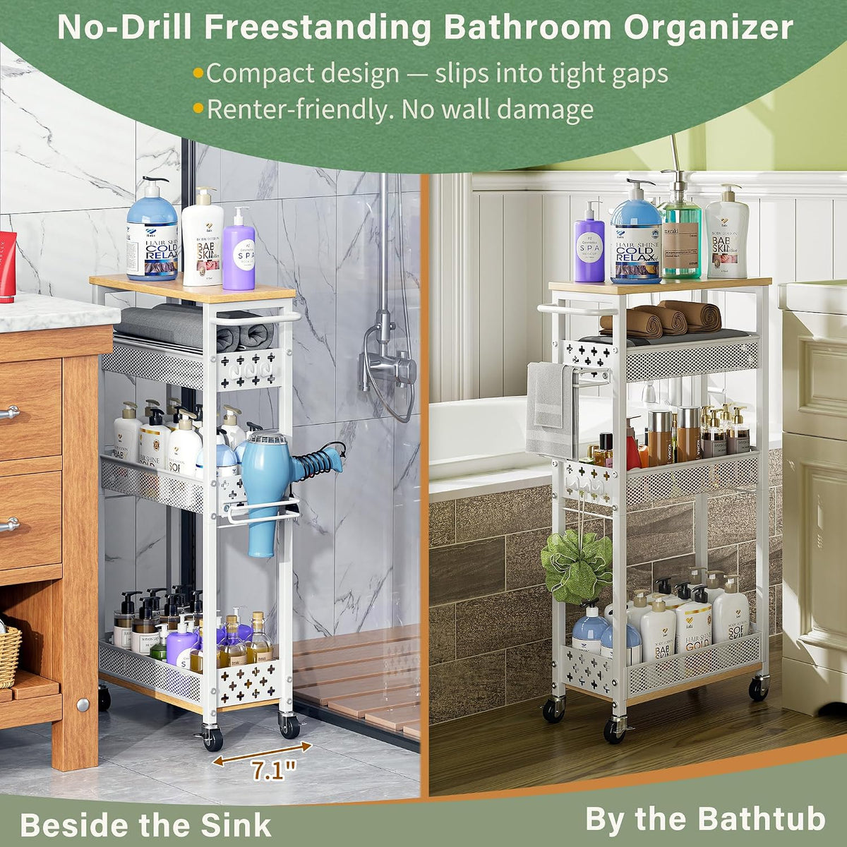 OKZEST Slim Bathroom Organizers and Storage Cart with Toilet Paper Holder