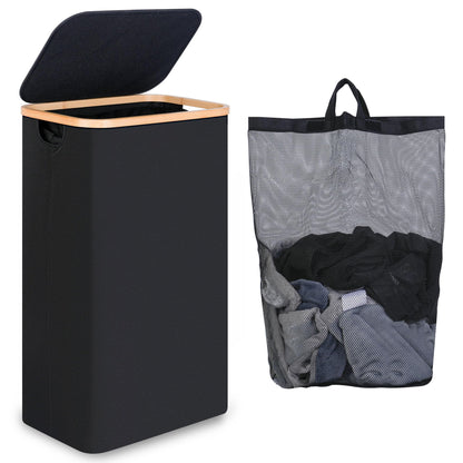 iEGrow 65L Slim Laundry Hamper, Narrow Laundry Basket with Lid,Foldable Clothes Hamper with Bamboo Handles,Hamper Basket with Removable Inner Bag for Laundry Room Bedroom College Dorm,17.17 Gals Pink