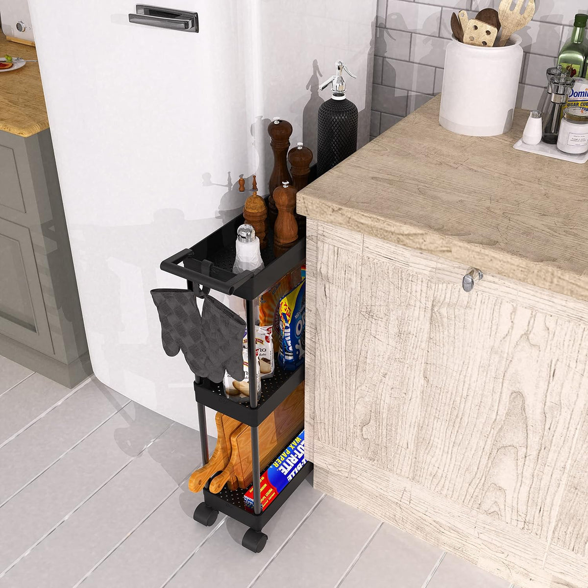 Simple Houseware 3-Tier Slim Rolling Cart w/Handle 5.5" Wx27.5 H, Black