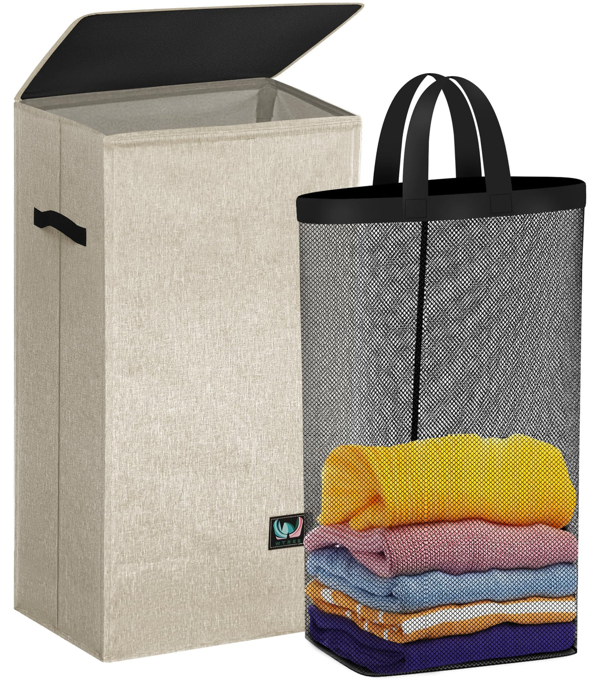 WTREE Laundry Hamper with Lid, Reinforced Sturdy Clothes Hamper with Anti-Puncture Base, Large Collapsible Laundry Basket with Removable Liner Bag, Tall Dirty Clothes Bin for Family, 100L Grey