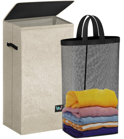 WTREE Laundry Hamper with Lid, Reinforced Sturdy Clothes Hamper with Anti-Puncture Base, Large Collapsible Laundry Basket with Removable Liner Bag, Tall Dirty Clothes Bin for Family, 100L Grey