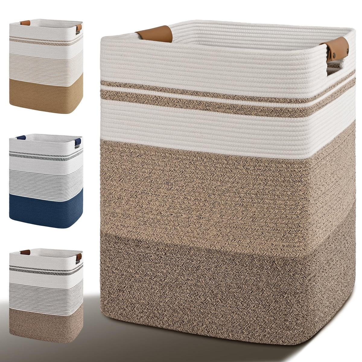Laundry Hamper, 85L Tall Laundry Basket with Leather Handles, Rectangle Large Clothes Hamper for Organizing, Cotton Woven Laundry Baskets Storage Hampers for Bedroom, Nursery, Living Room