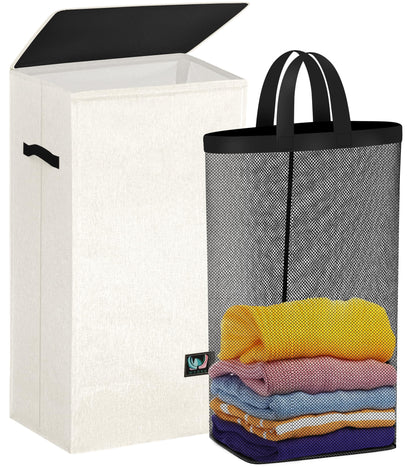 WTREE Laundry Hamper with Lid, Reinforced Sturdy Clothes Hamper with Anti-Puncture Base, Large Collapsible Laundry Basket with Removable Liner Bag, Tall Dirty Clothes Bin for Family, 100L Grey
